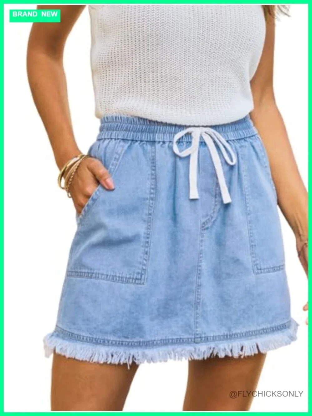 High Waist Denim Mini Skirt Drawstring Elastic Waist Frayed Hem Casual Summer